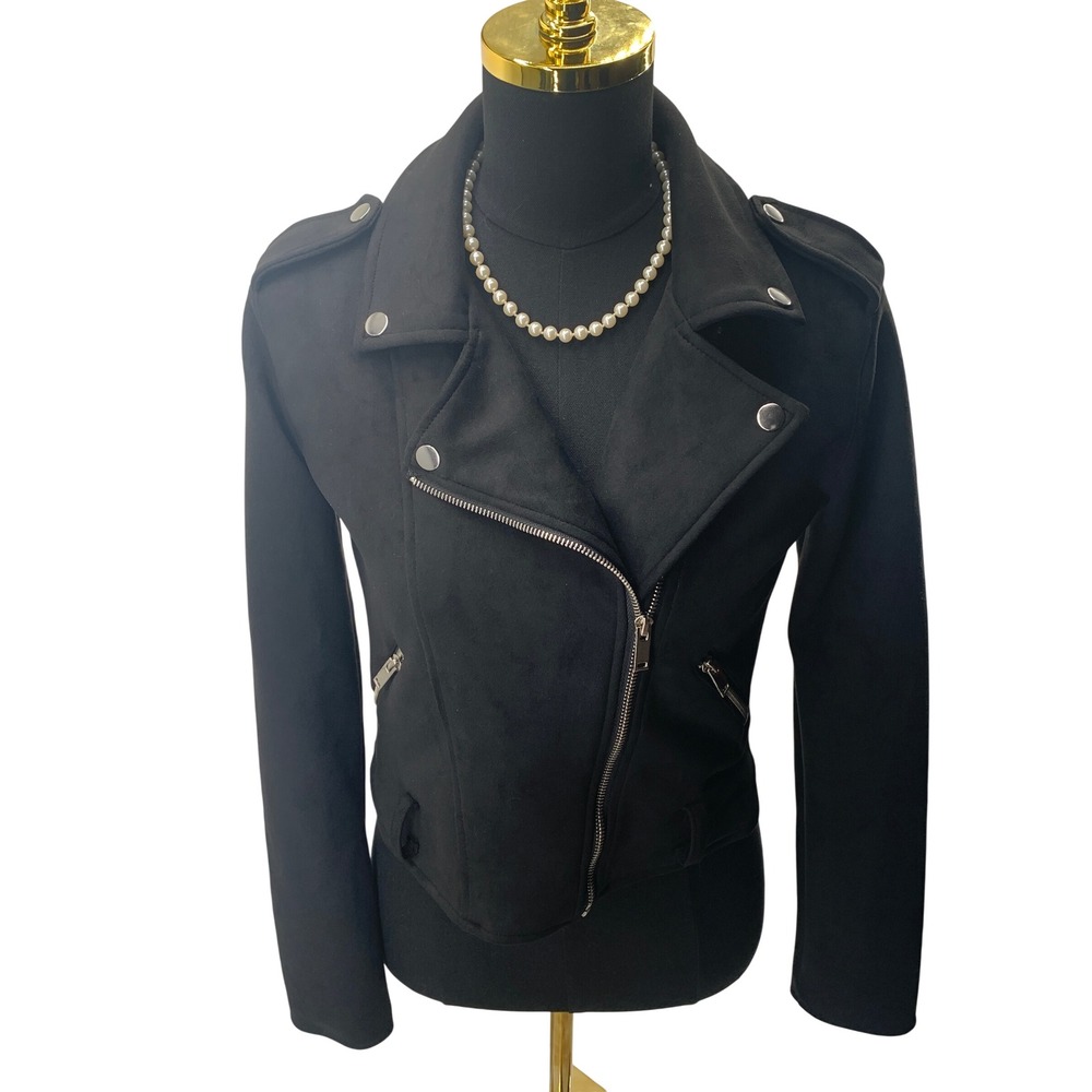 Forever 21 Womens Black Faux Suede Moto Jacket Asymmetrical Zip Small 00416402